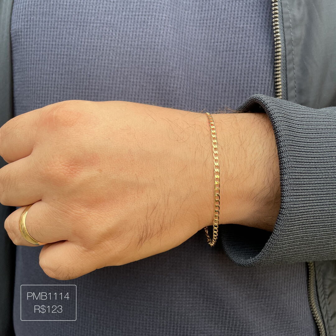 Pulseira Elo Grumet Alongada Fina Lisa Dourada